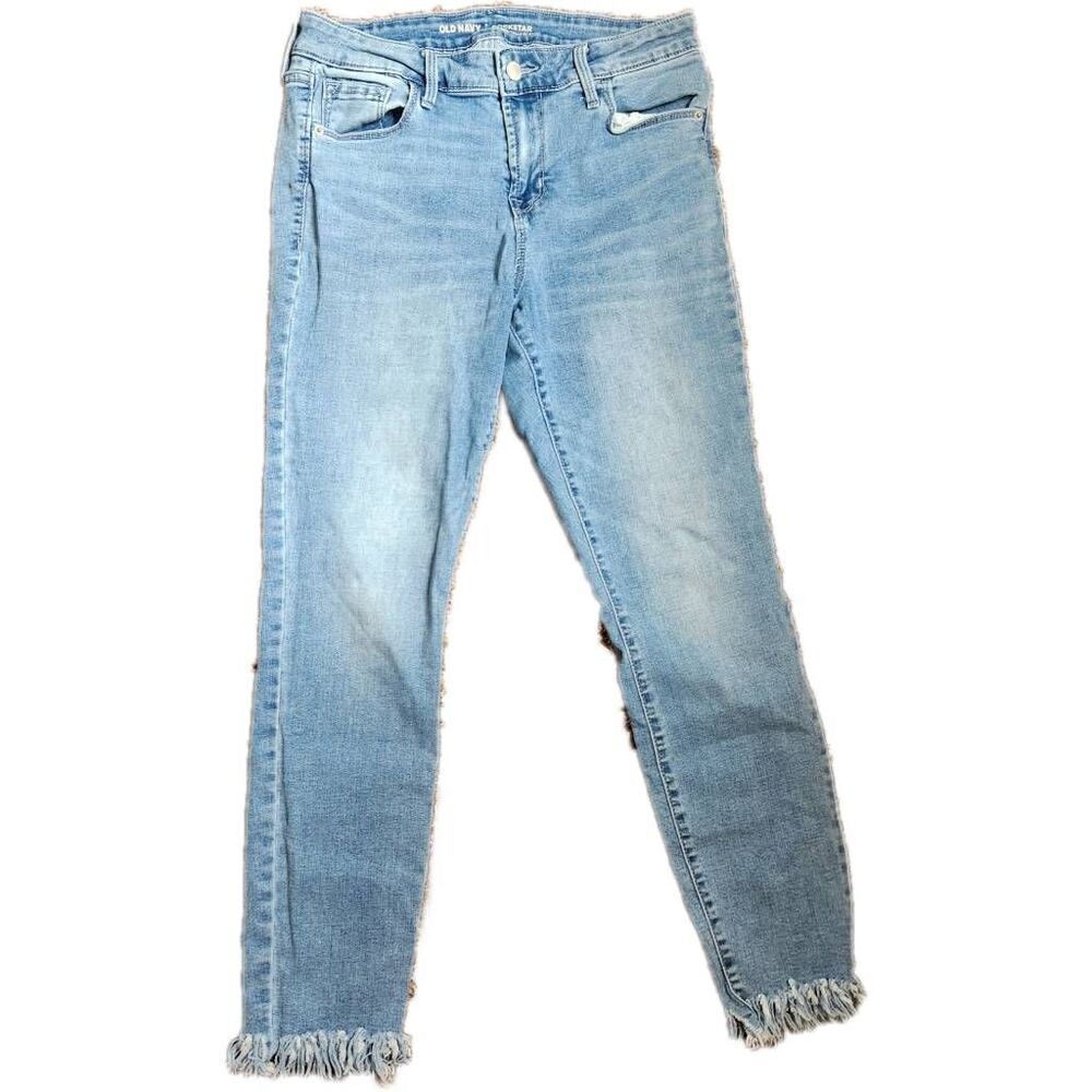 Old Navy jeans women's Rockstar frayed hem mid rise blue denim size 6